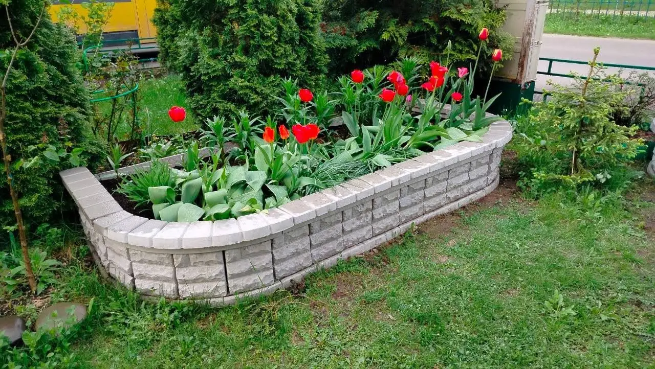 Улыбка на фоне бетонной клумбы