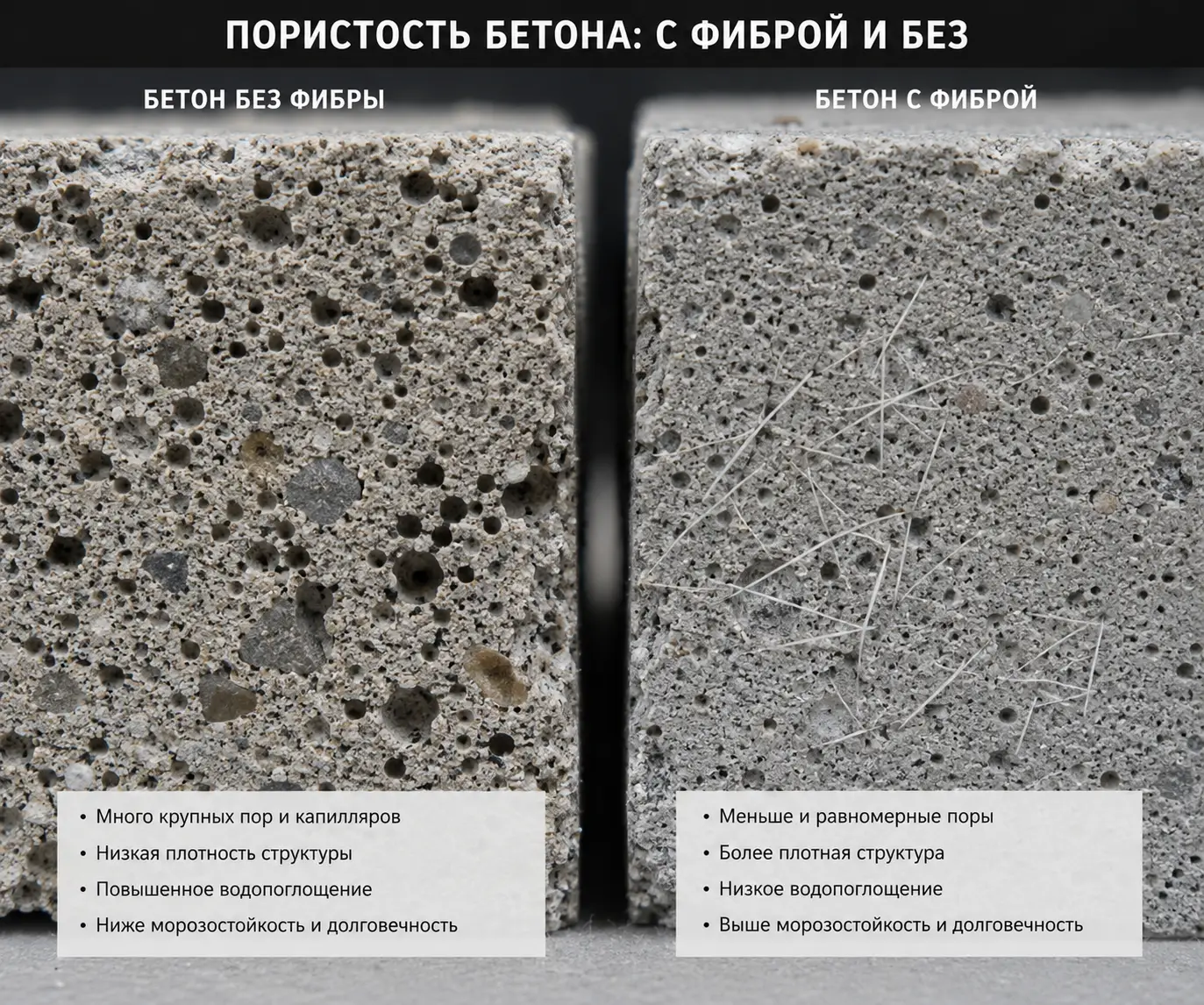 Сравнение свойств бетона с фиброй